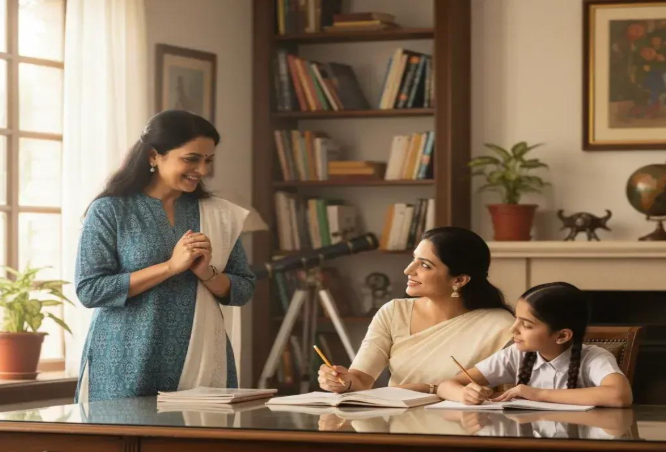 A professional tutor working with a mother and son at a home desk