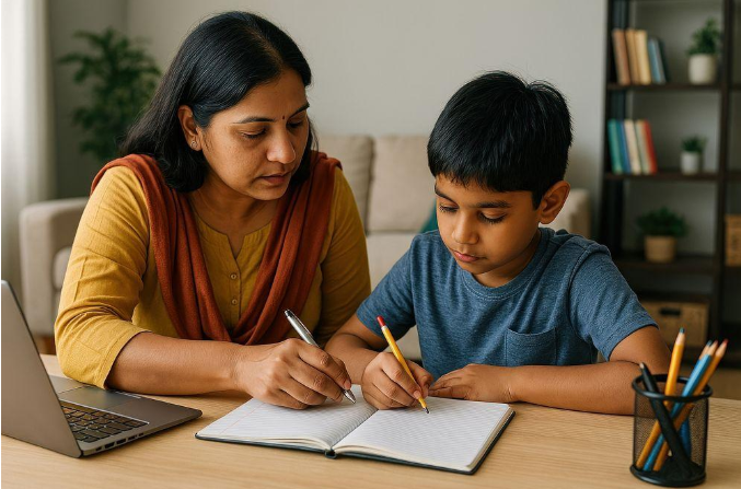 A counsellor discussing a student's progress with a parent and student