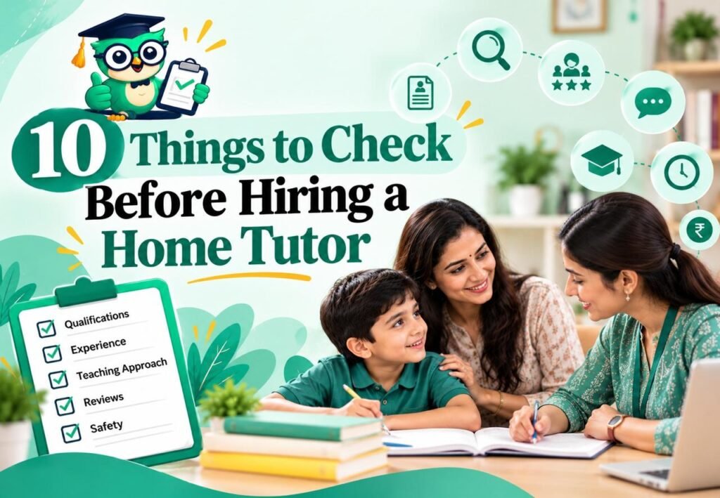 Checklist of 10 things to check before hiring a home tutor, including qualifications, experience, teaching approach, reviews and safety.