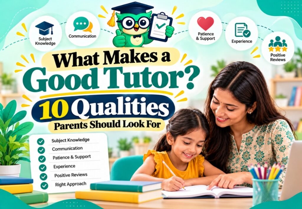 Mother helping her child write in a notebook alongside a checklist of important qualities to look for in a tutor.