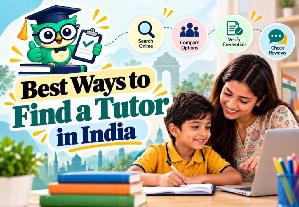 Mother helping her child with homework beside a laptop while exploring ways to find a suitable tutor in India.